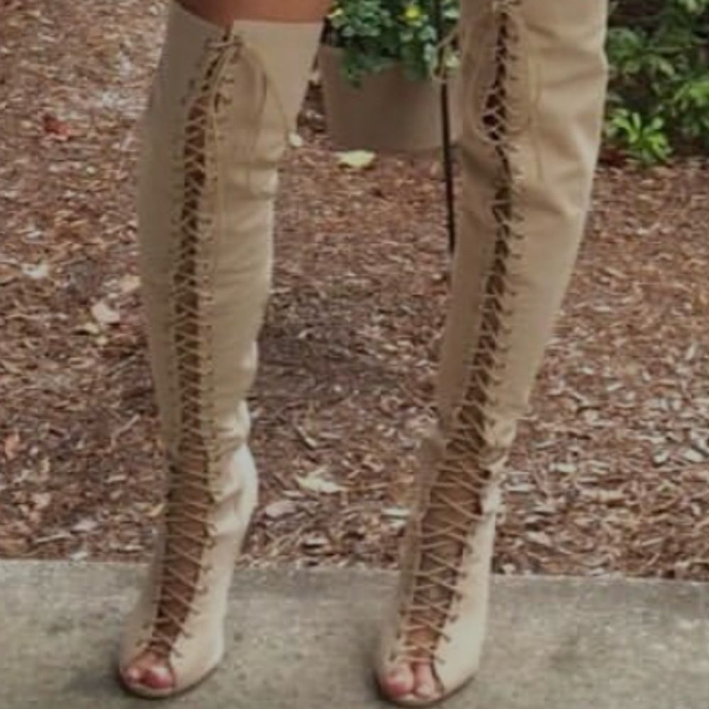 Tan Over the Knee Boots with Lacing and Open Toe Design